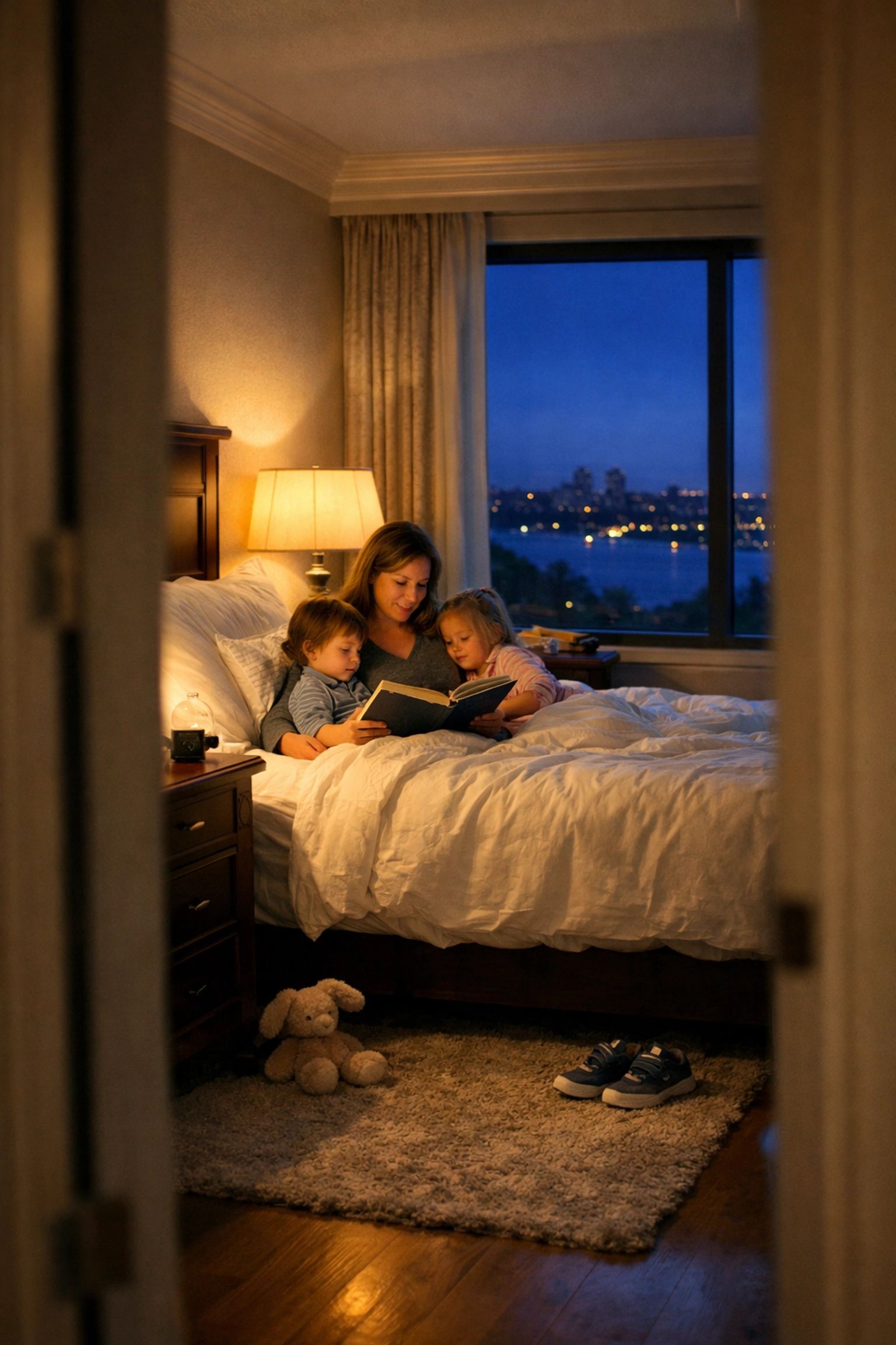 Mother reading to children in a hotel, keeping a stress-free family travel routine.