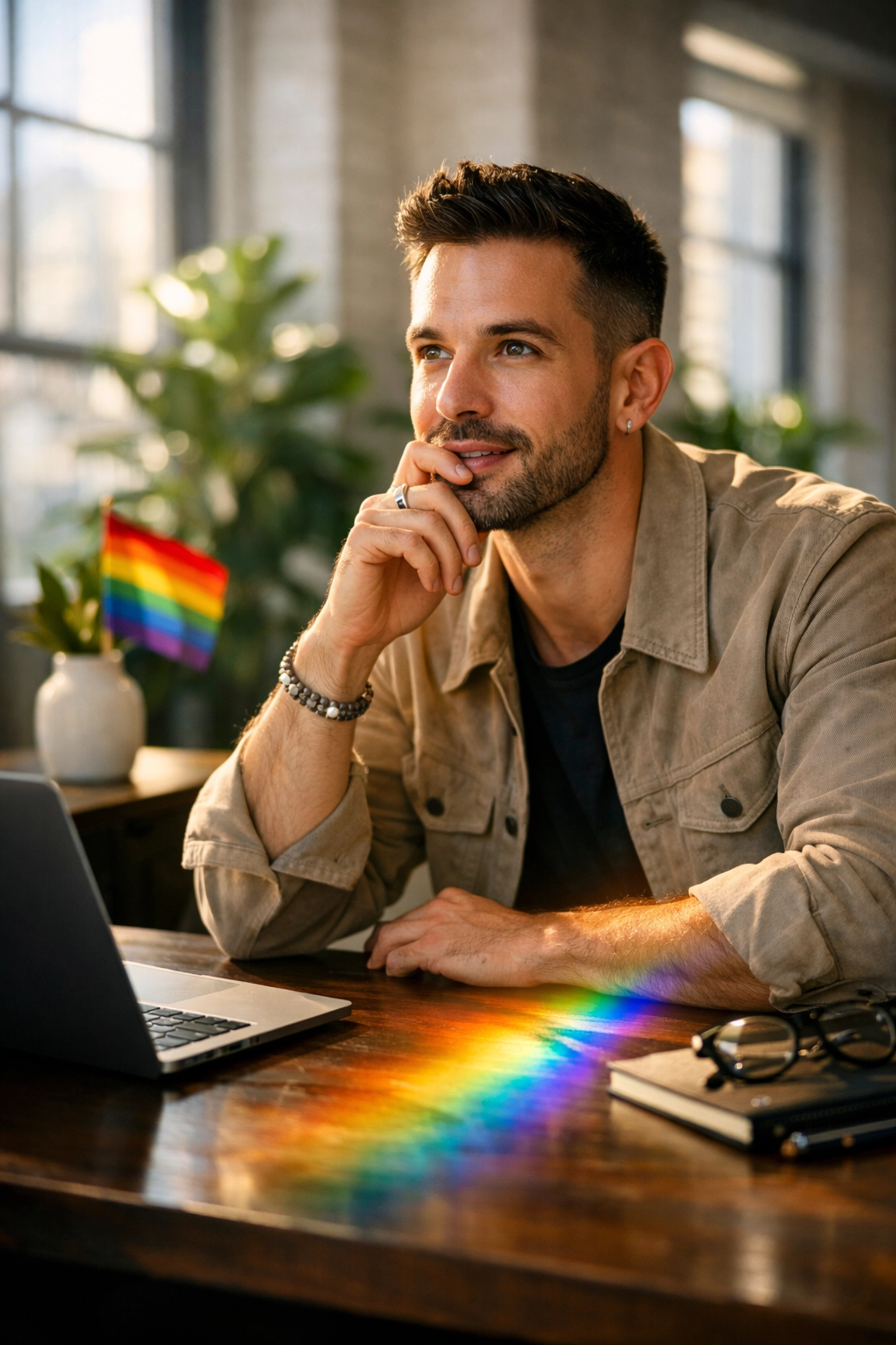 Gay author at a desk realizing the financial value of switching to a 96 percent royalty model for MM romance.