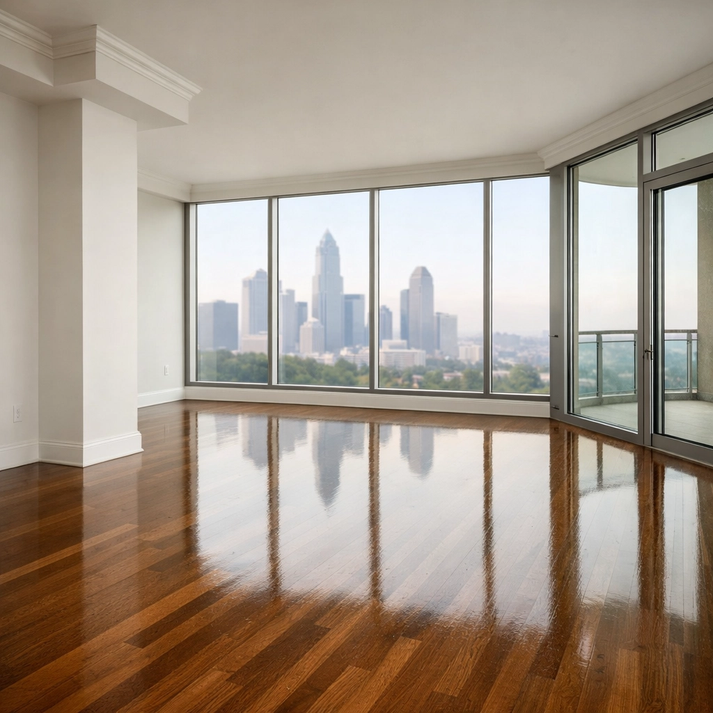 Spotless modern living room in a Charlotte high-rise apartment after professional house cleaning.