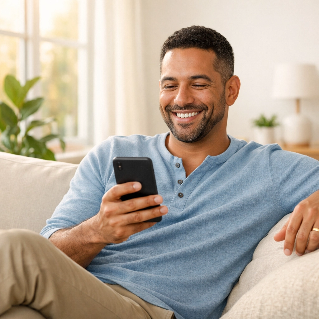 A patient using a smartphone to complete an online medical weight loss assessment for GLP-1 eligibility.
