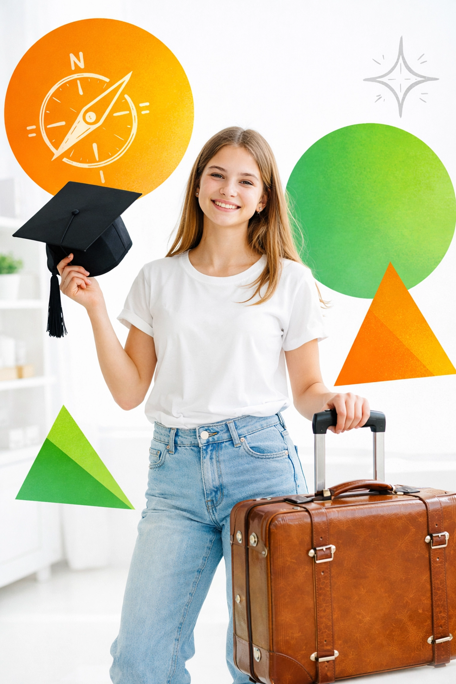 Confident teenage girl with graduation cap and suitcase preparing for independence and life after school.