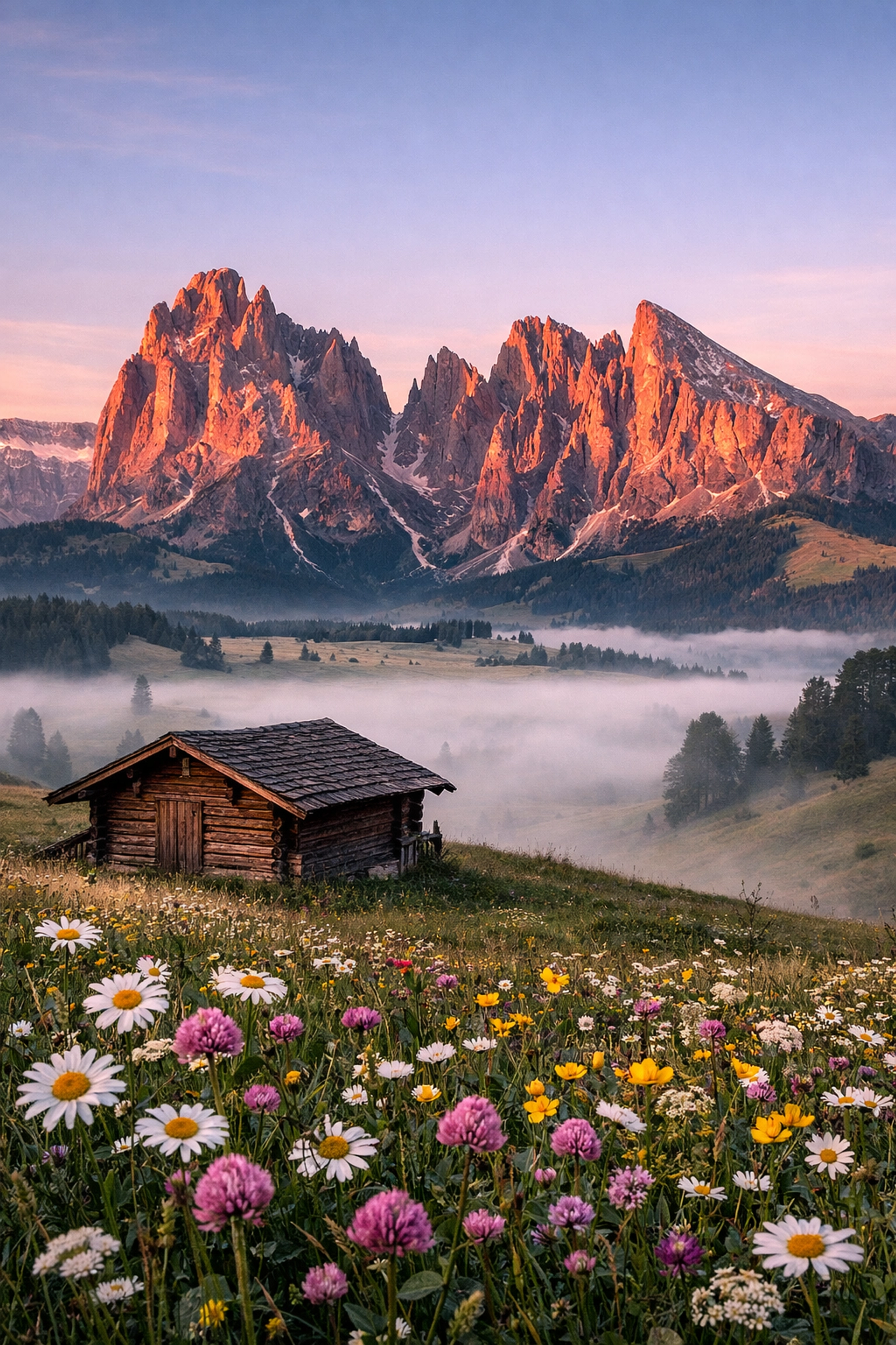 A sharp, professional landscape photo of the Italian Dolomites at sunrise, showcasing high-end photography skills.