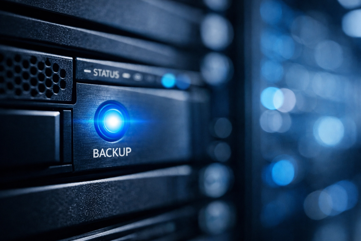 A professional data center server rack representing critical backup and disaster recovery services. A professional data center server rack representing critical backup and disaster recovery services.