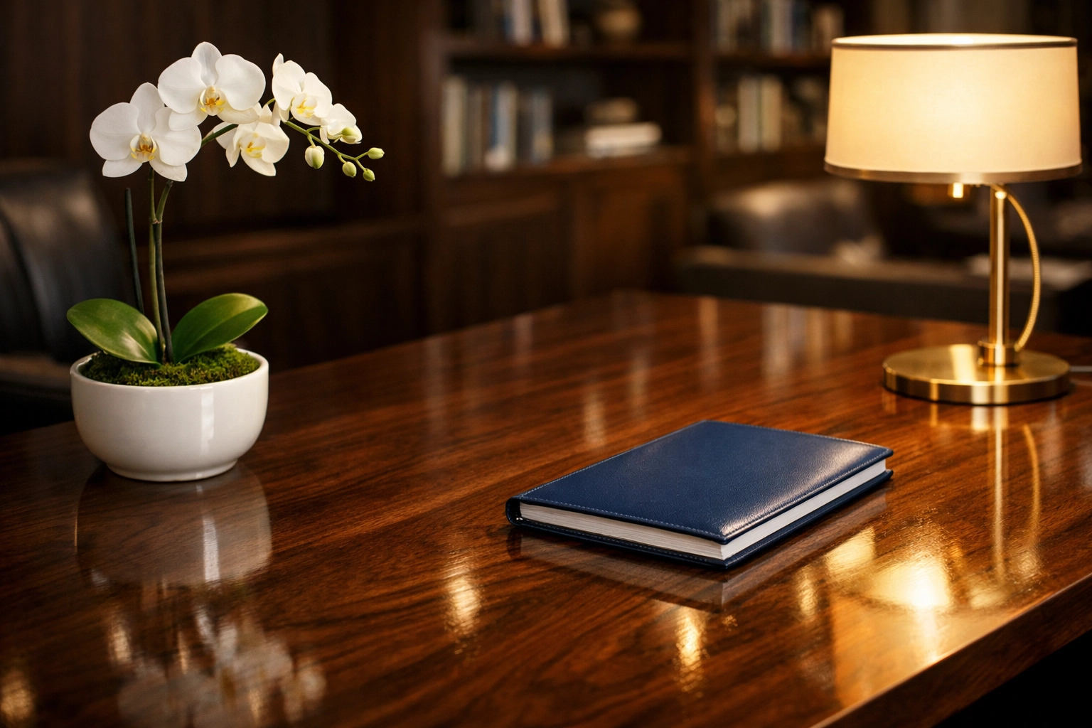Close-up of a dust-free walnut executive desk with a clean, reflective surface in a Concord home office.