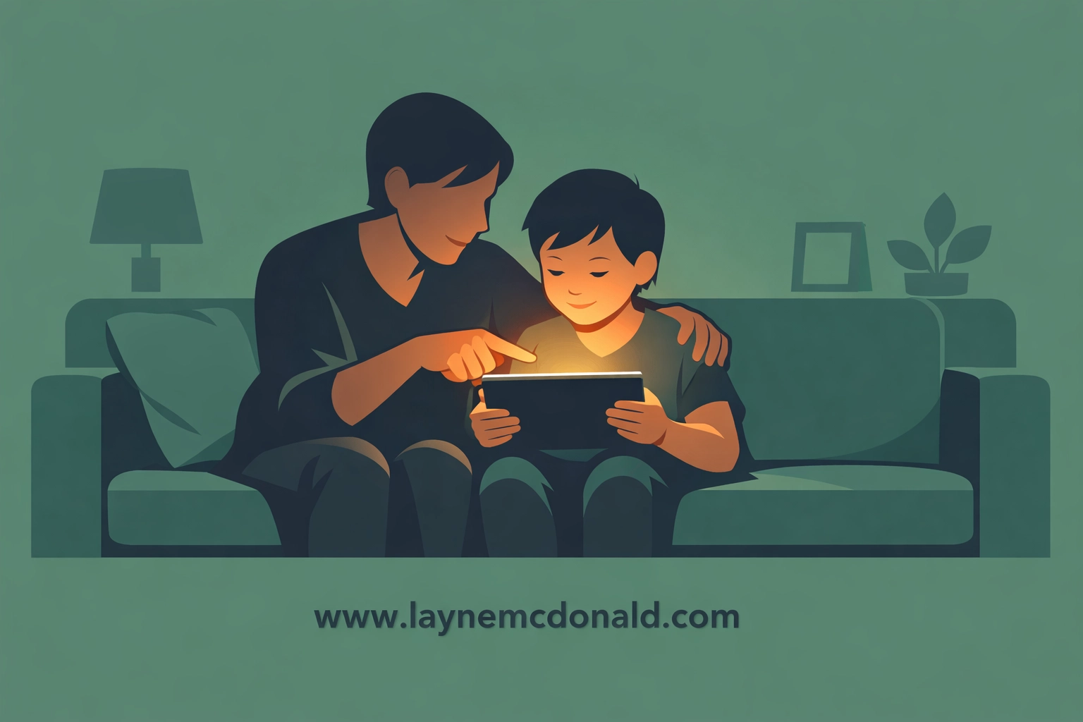 A parent and child using a tablet together to practice digital discipleship and healthy online safety habits.