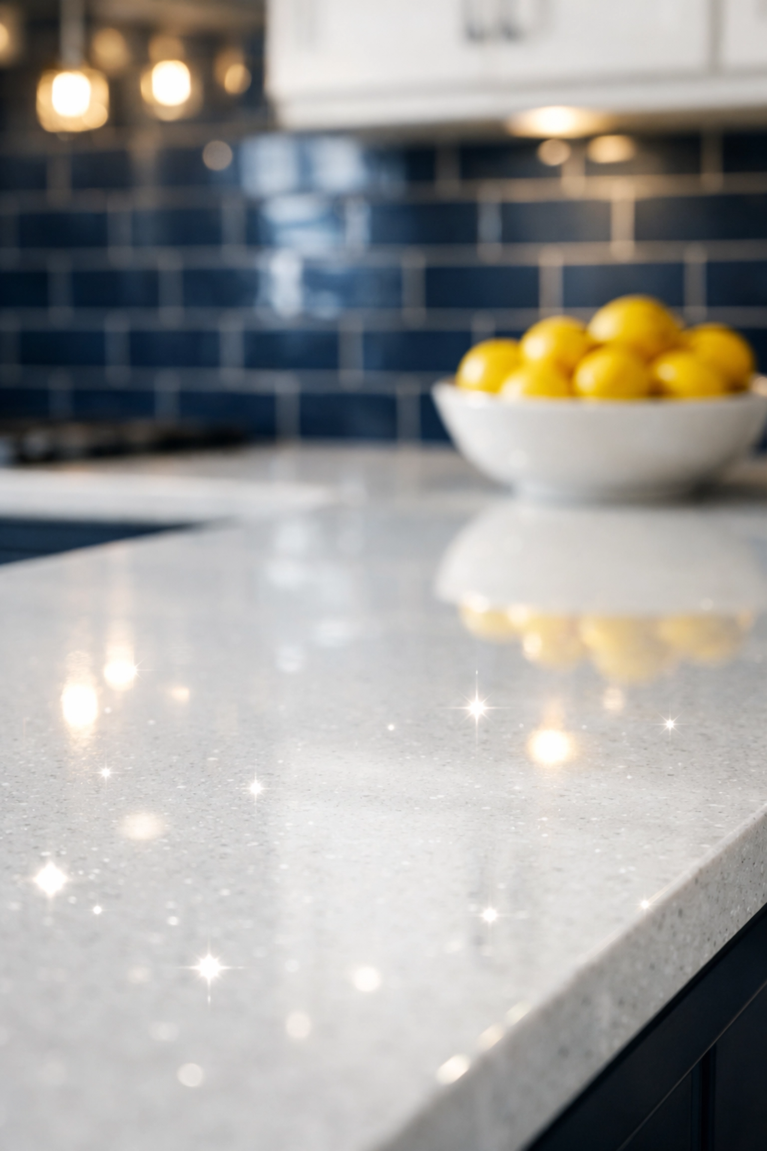 A polished white quartz kitchen countertop reflecting clean light after a professional deep cleaning service.
