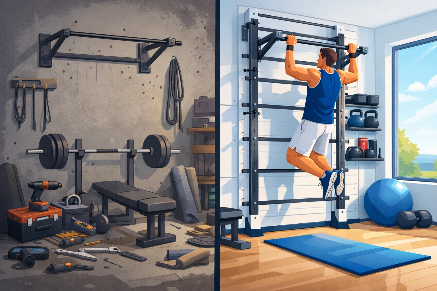 Comparison of wall-mounted pull-up bar versus modern floor-to-ceiling workout system