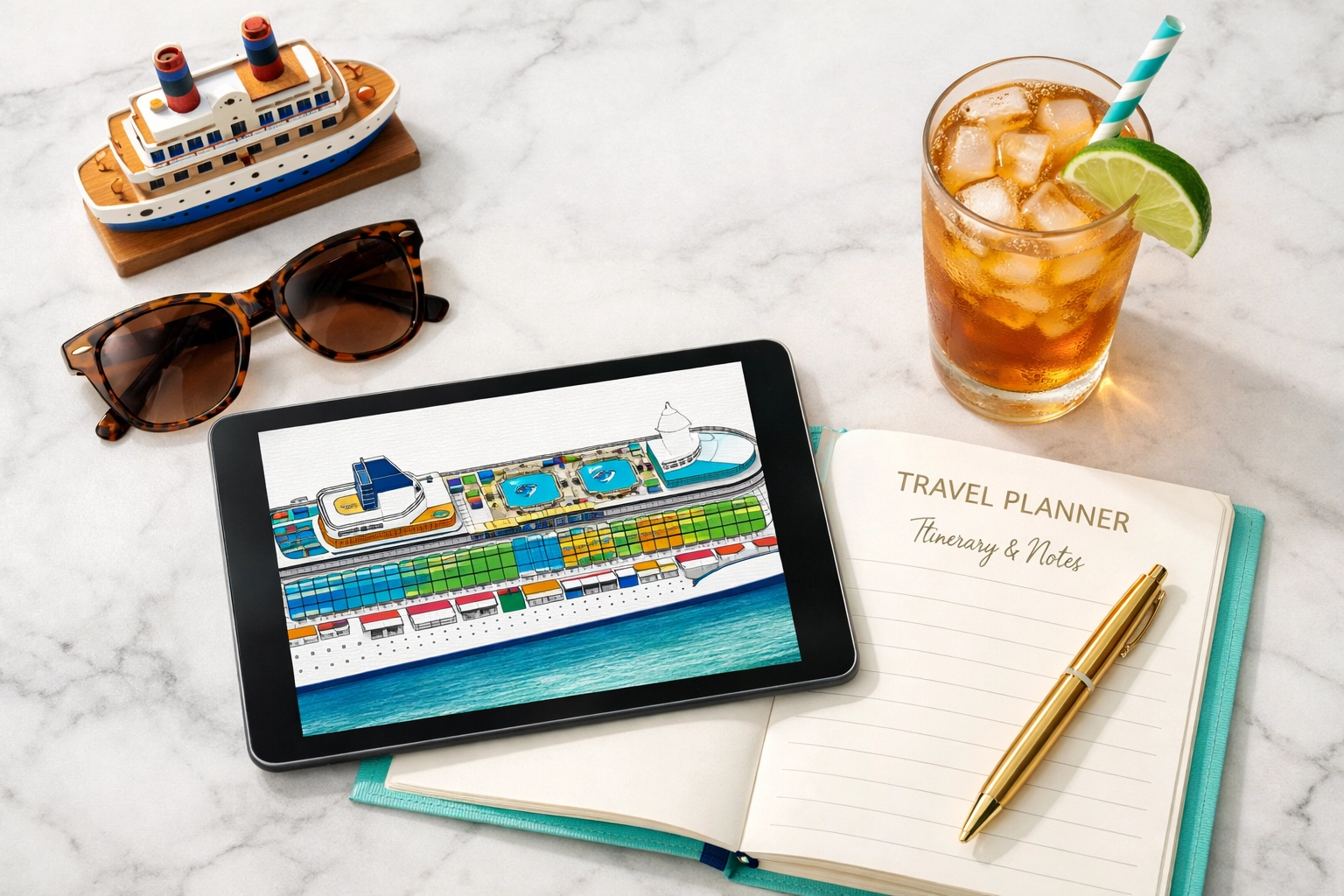 Planning a birthday cruise with a ship deck plan on a tablet and a travel itinerary on a marble table.