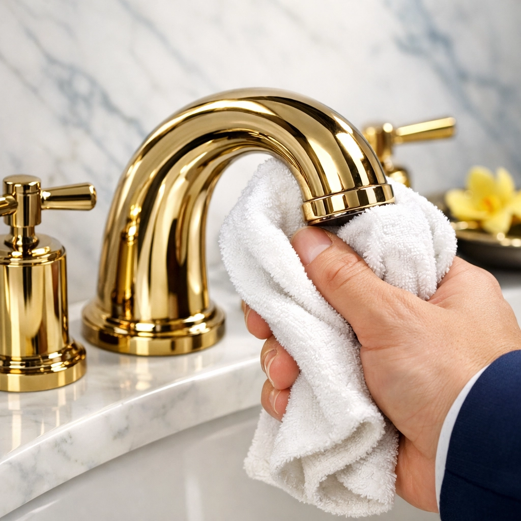 Professional hand polishing a brass fixture for detailed residential cleaning Massachusetts in luxury homes.