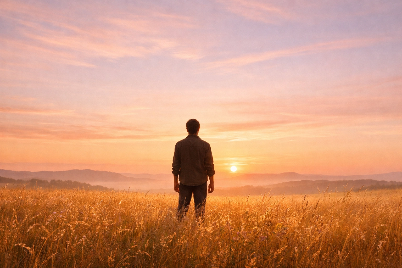 A person standing in a golden meadow at sunset, symbolizing post-traumatic growth and transformation.