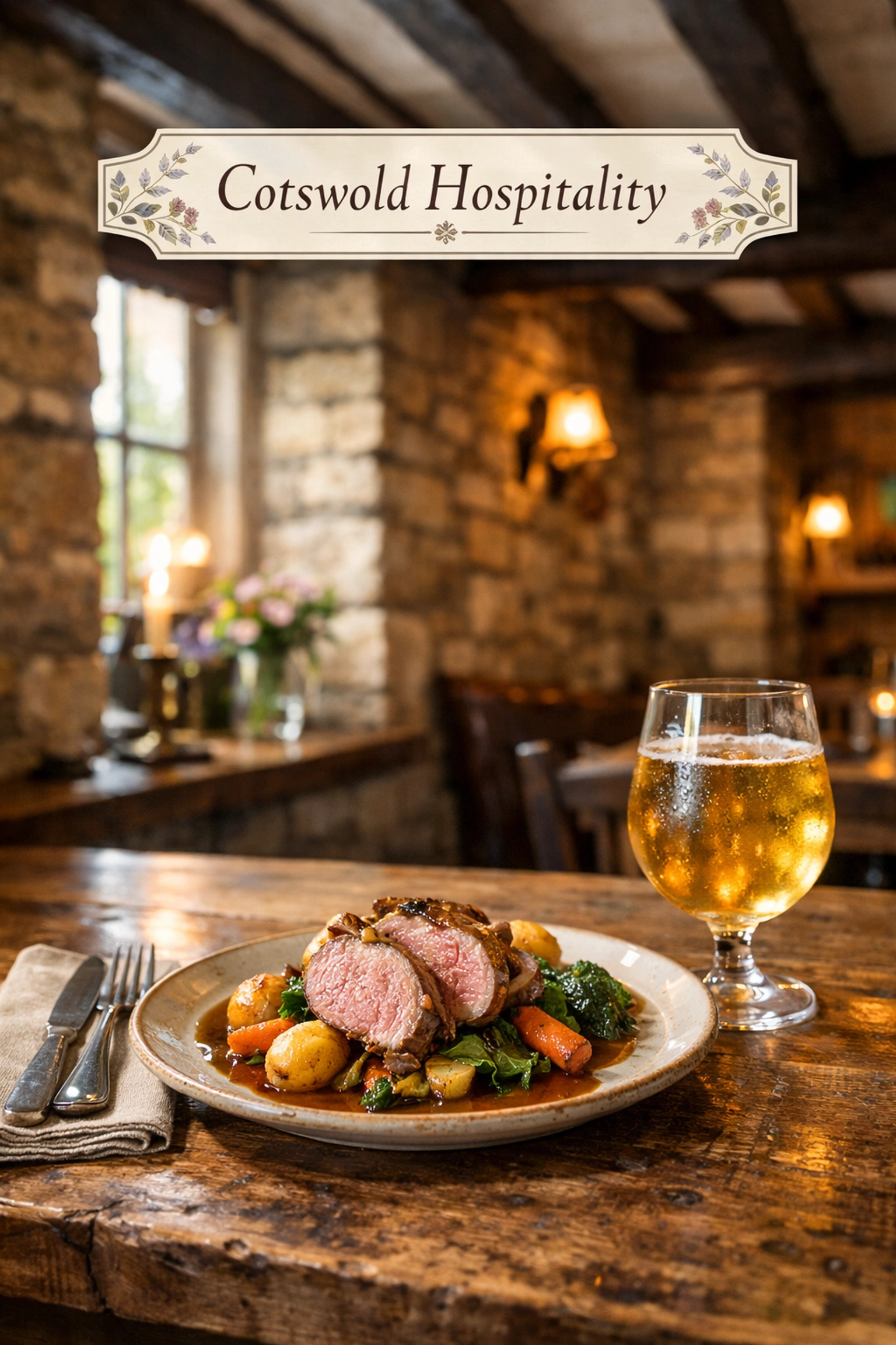 Local roast lamb and cider served in a traditional Northleach coaching inn with rustic stone walls.