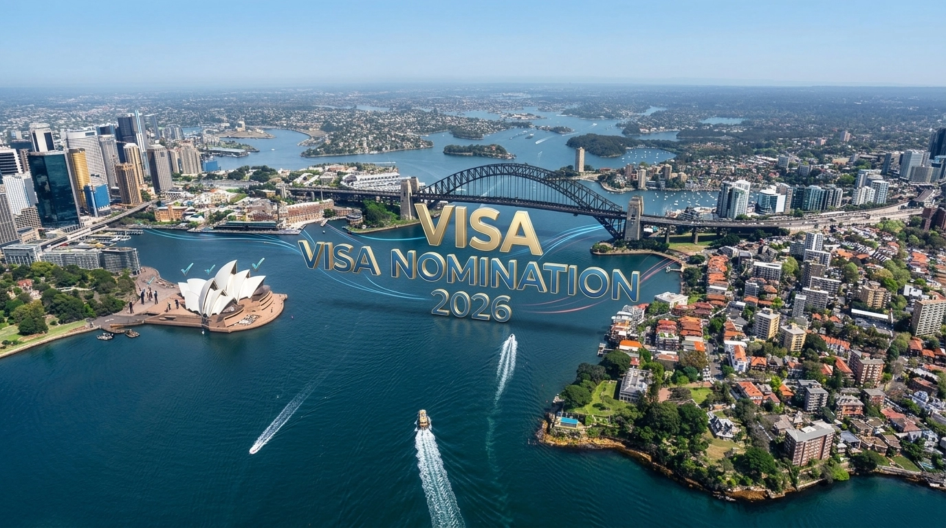 A clean, professional desk in Sydney with a view of the harbour, symbolizing Australian career growth and visa success.