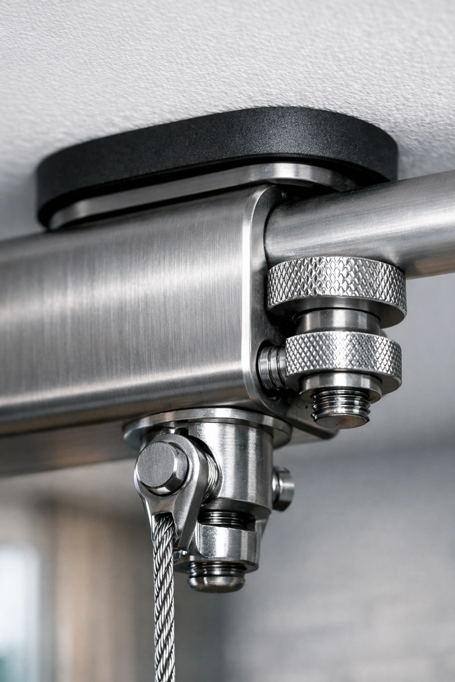 Secure tension mount of a no wall damage workout system protecting apartment walls and ceilings.