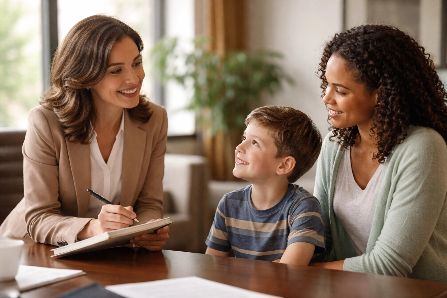 Guardian ad Litem Fredericksburg VA attorney meeting with parent and child in a supportive law office setting