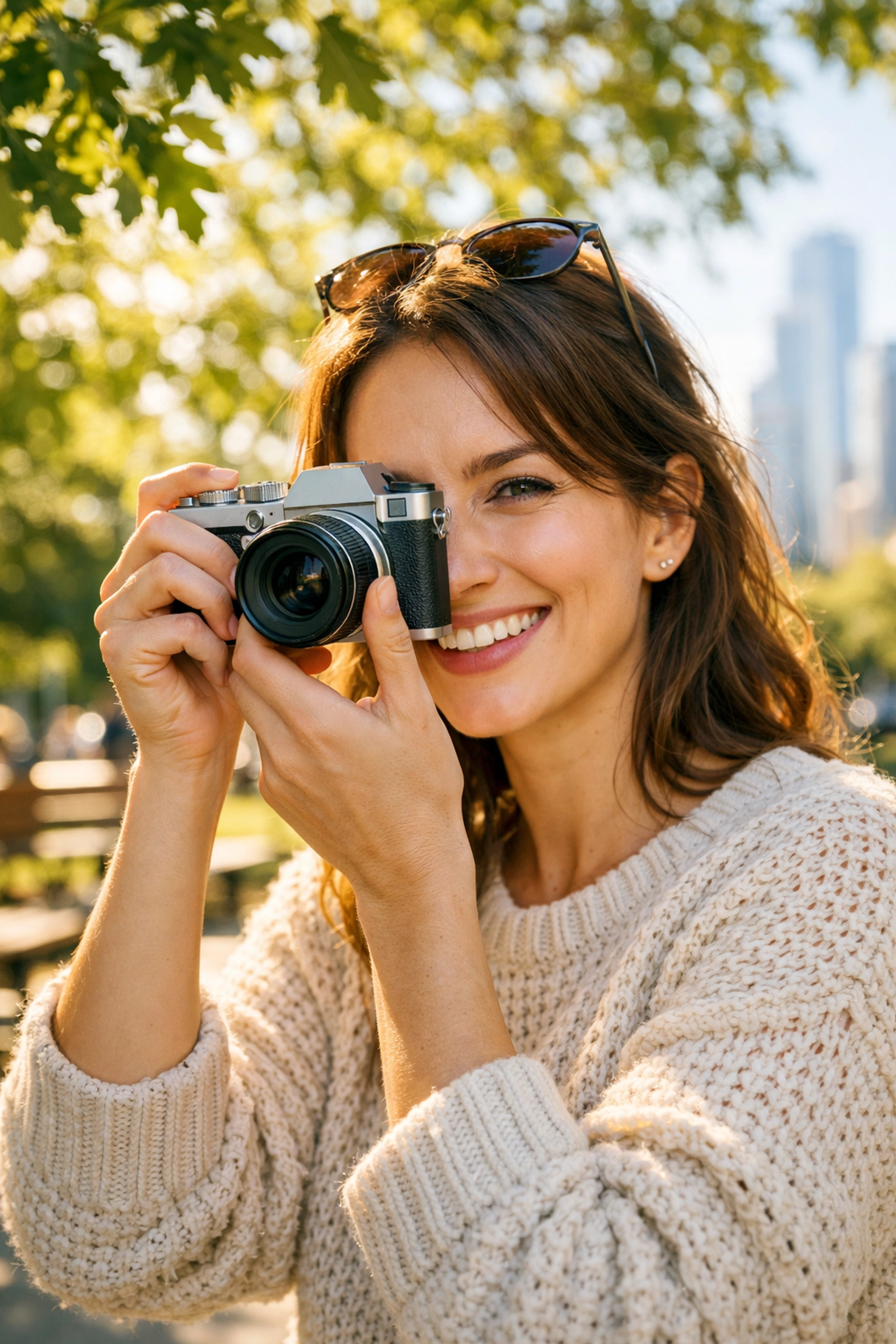 Practicing photography for beginners with a compact version of the best mirrorless cameras in a park.