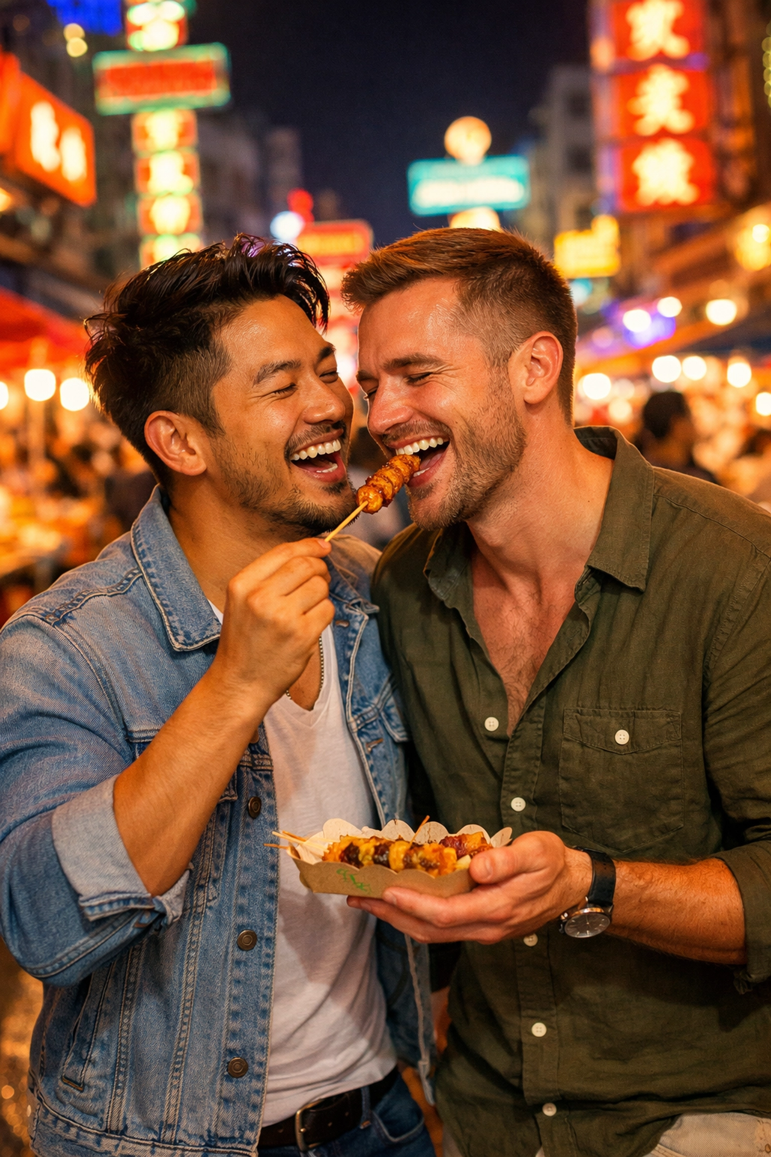 A happy gay couple laughing at a Bangkok night market, representing global queer joy in MM romance.