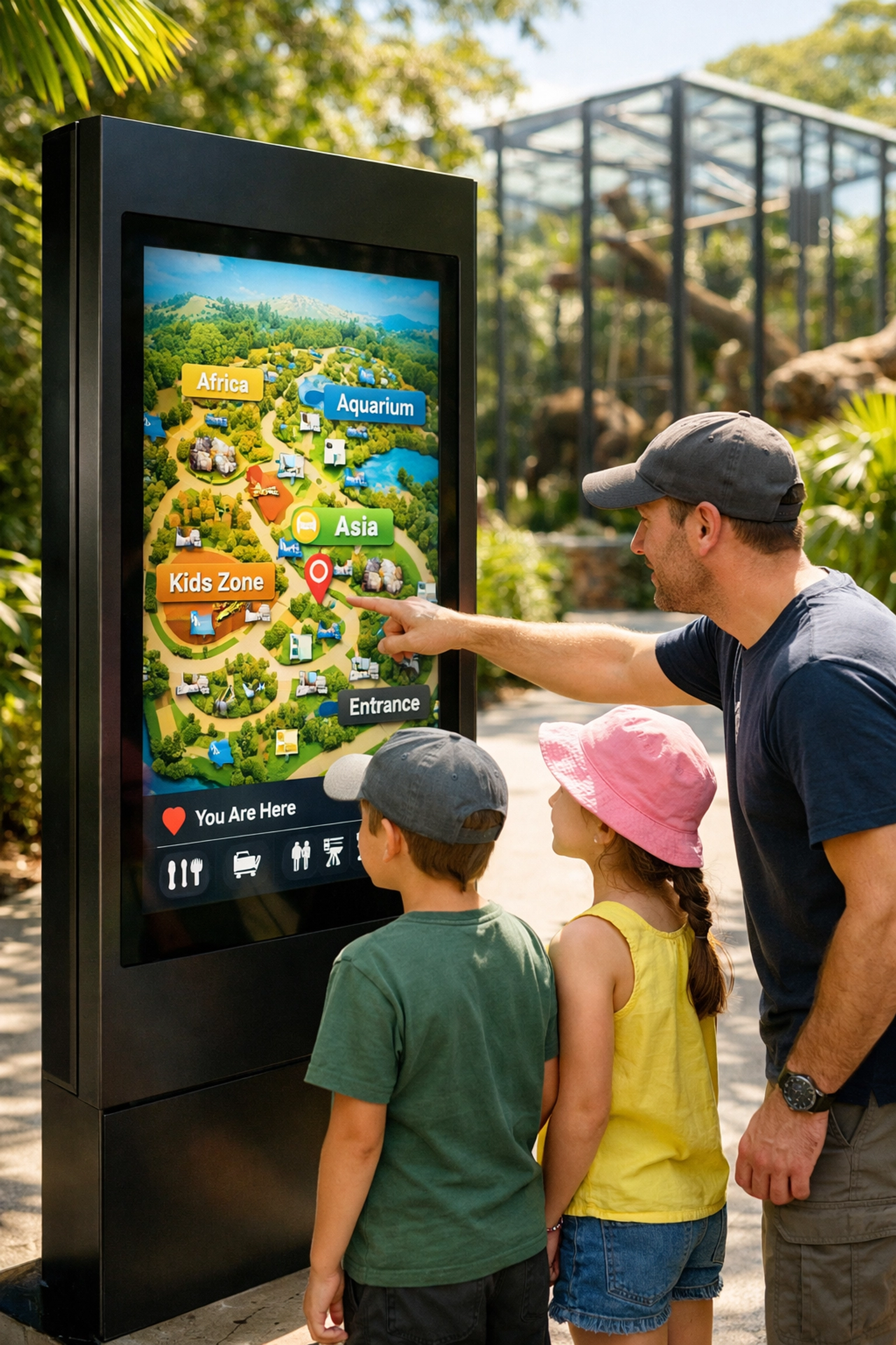 Zoo guests using a sleek digital touchscreen map for interactive wayfinding near an animal enclosure.