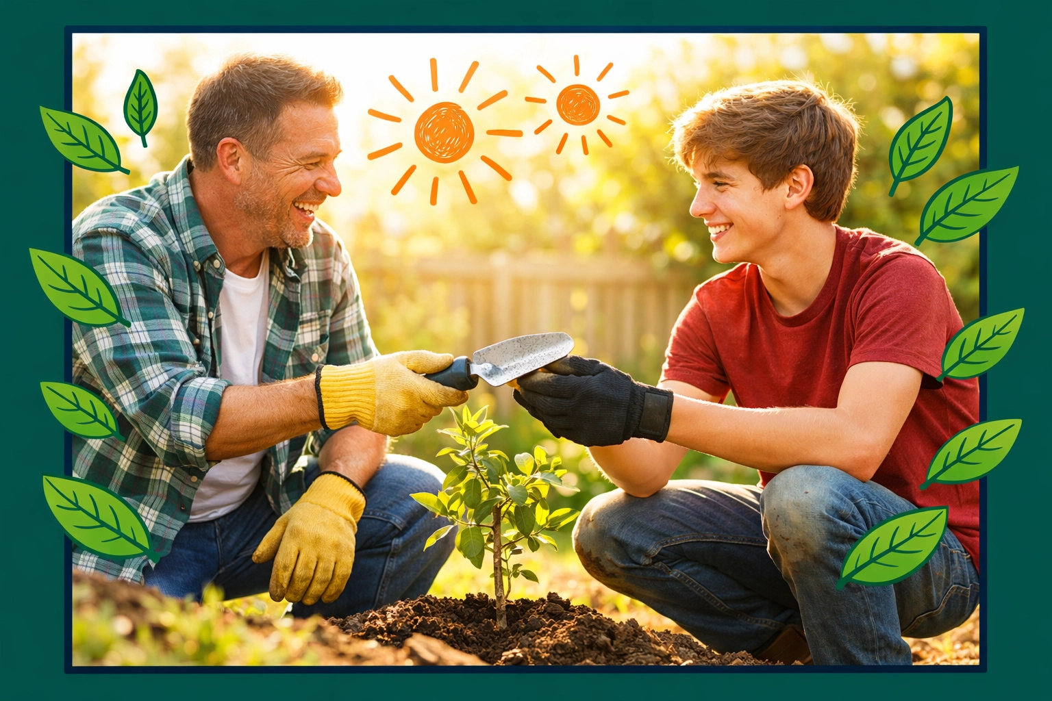 A father and son planting a tree together, representing growth in Christian life skills and family connection.