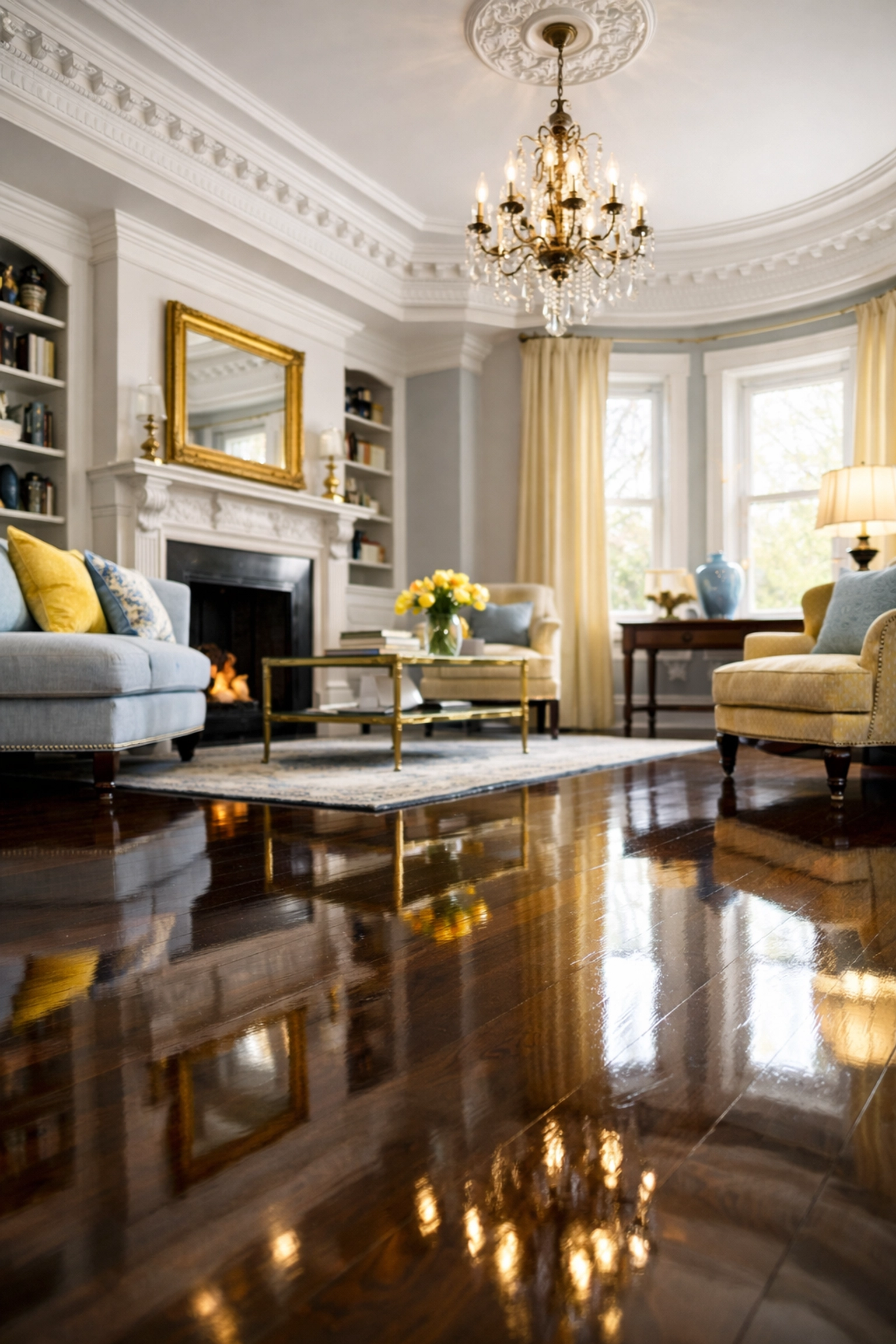 Museum-quality maid services Worcester cleaning dark hardwood floors in a West Side Victorian home.