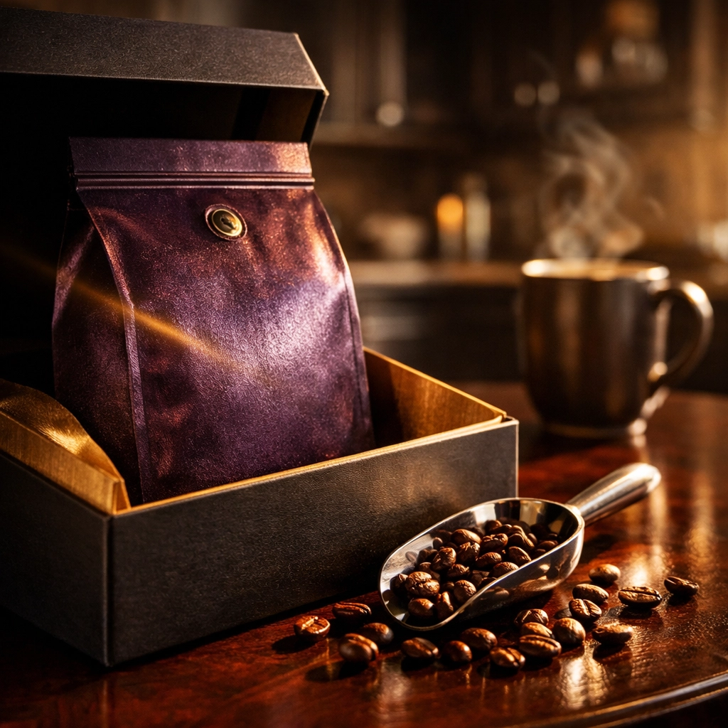 Fresh roasted coffee beans delivered in a luxury purple bag, illustrating the convenience of buying coffee beans online.