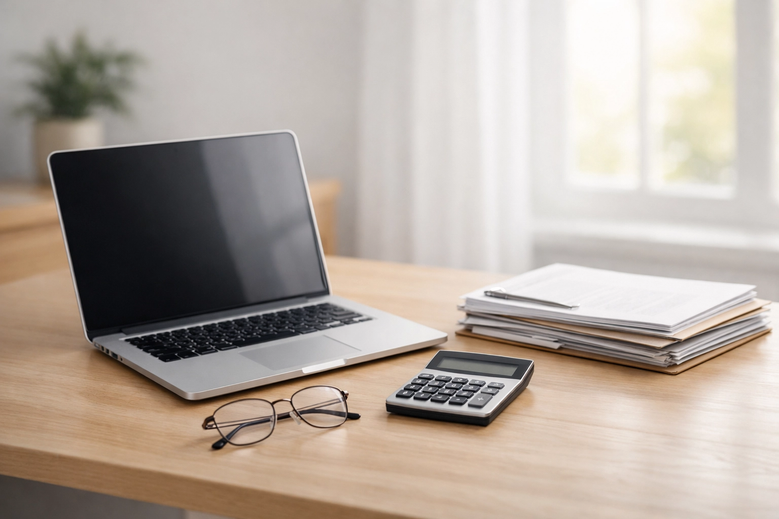Organized home office desk with laptop and tax documents for professional tax preparation.