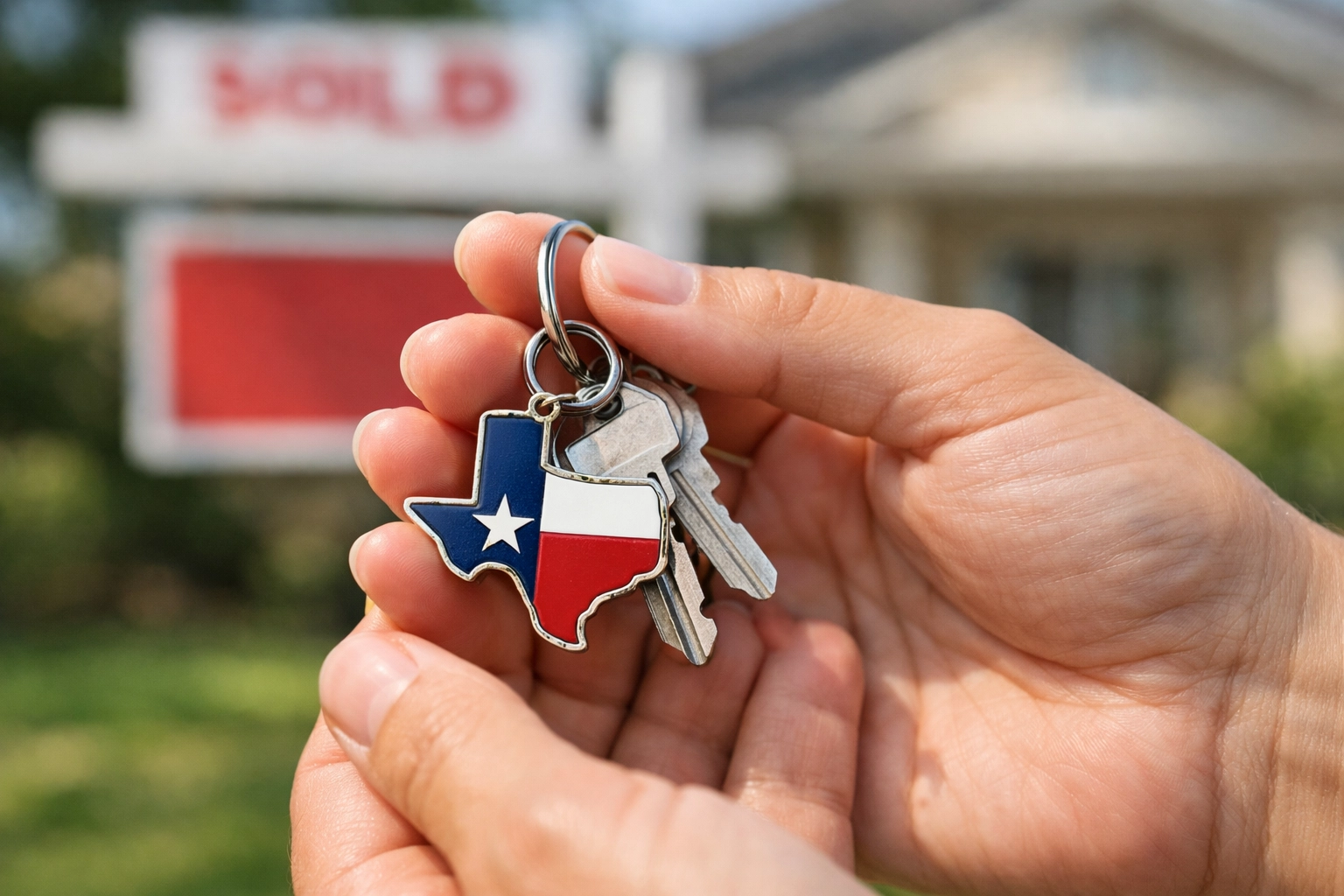 Hands holding house keys with a Texas keychain in front of a sold sign at a new home.