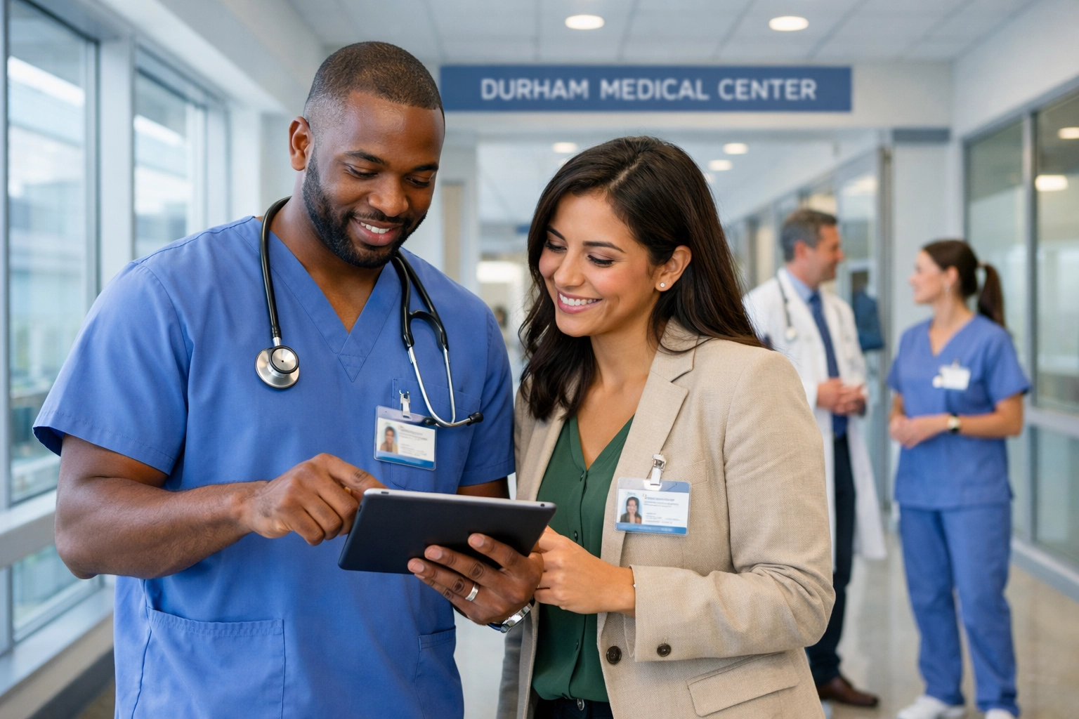 Healthcare professionals discussing medical transportation durham nc for a patient discharge.