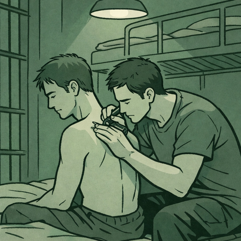 Two men in prison cell during intimate tattooing moment - MM romance illustration
