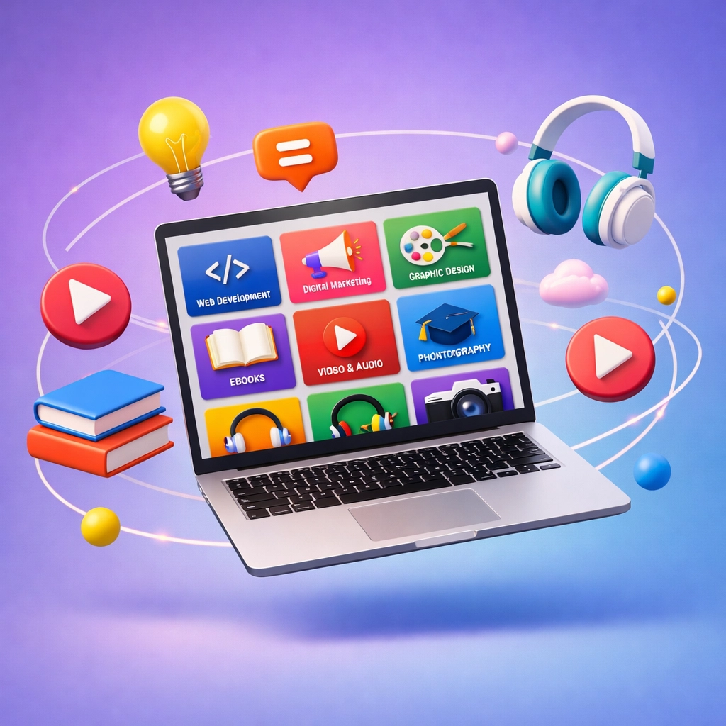 Digital e-learning courses and products displayed on laptop for resale business