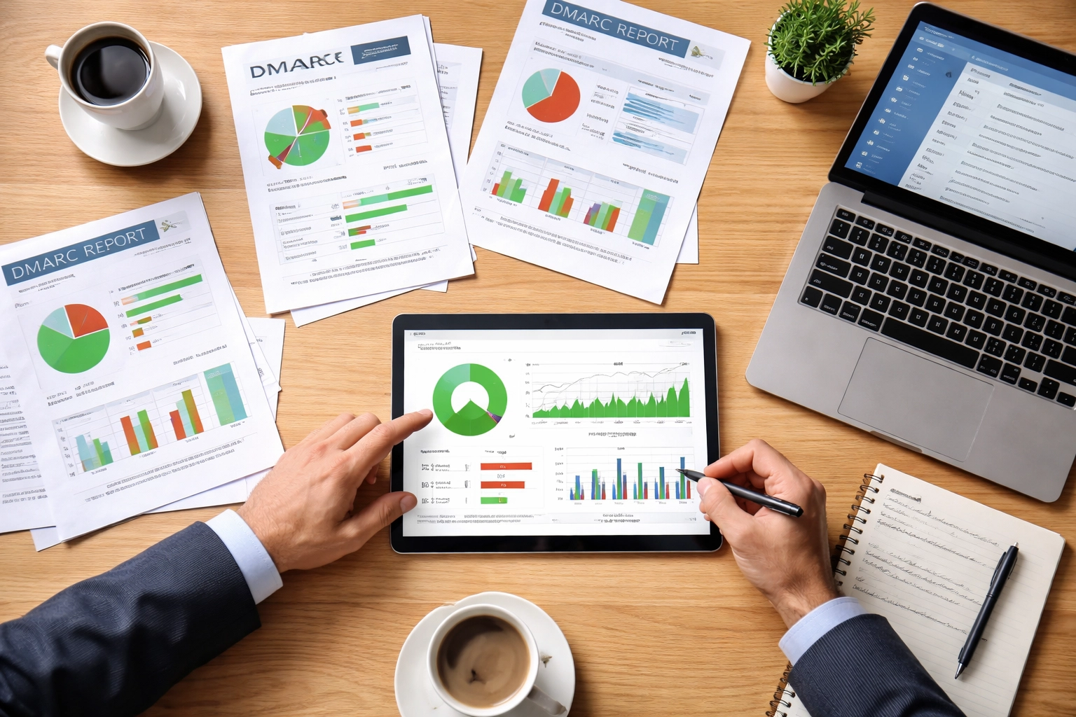 Overhead view of business meeting analyzing DMARC reports and email authentication data for better deliverability
