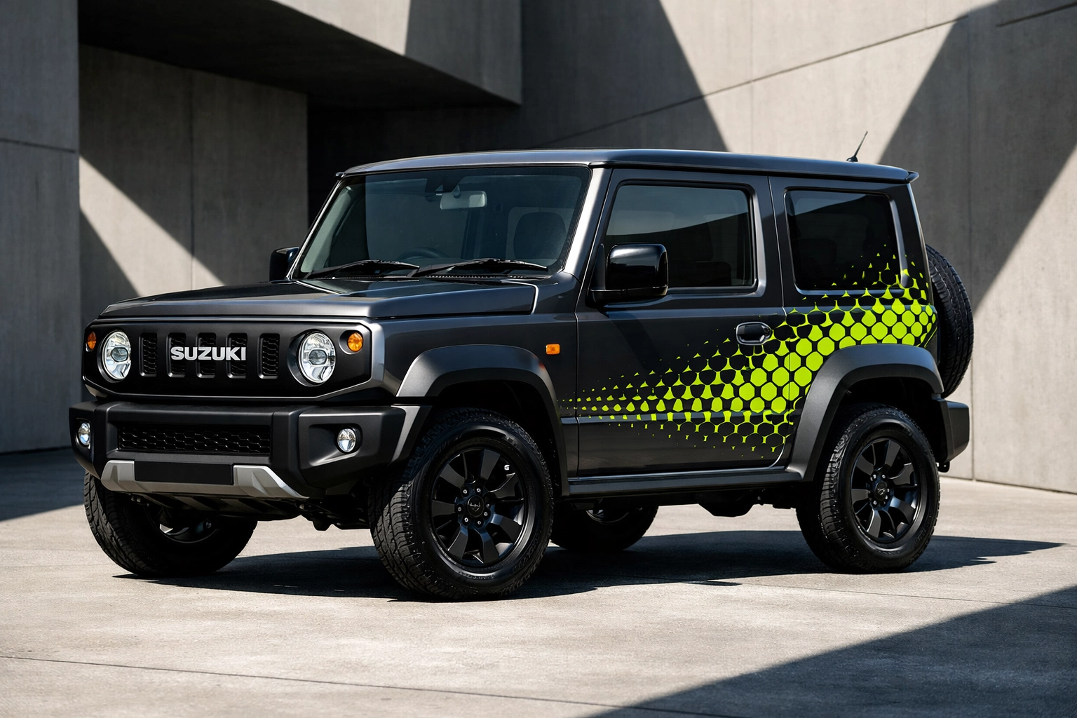 Dark grey Suzuki Jimny featuring modern neon lime-green honeycomb pattern vinyl graphics.