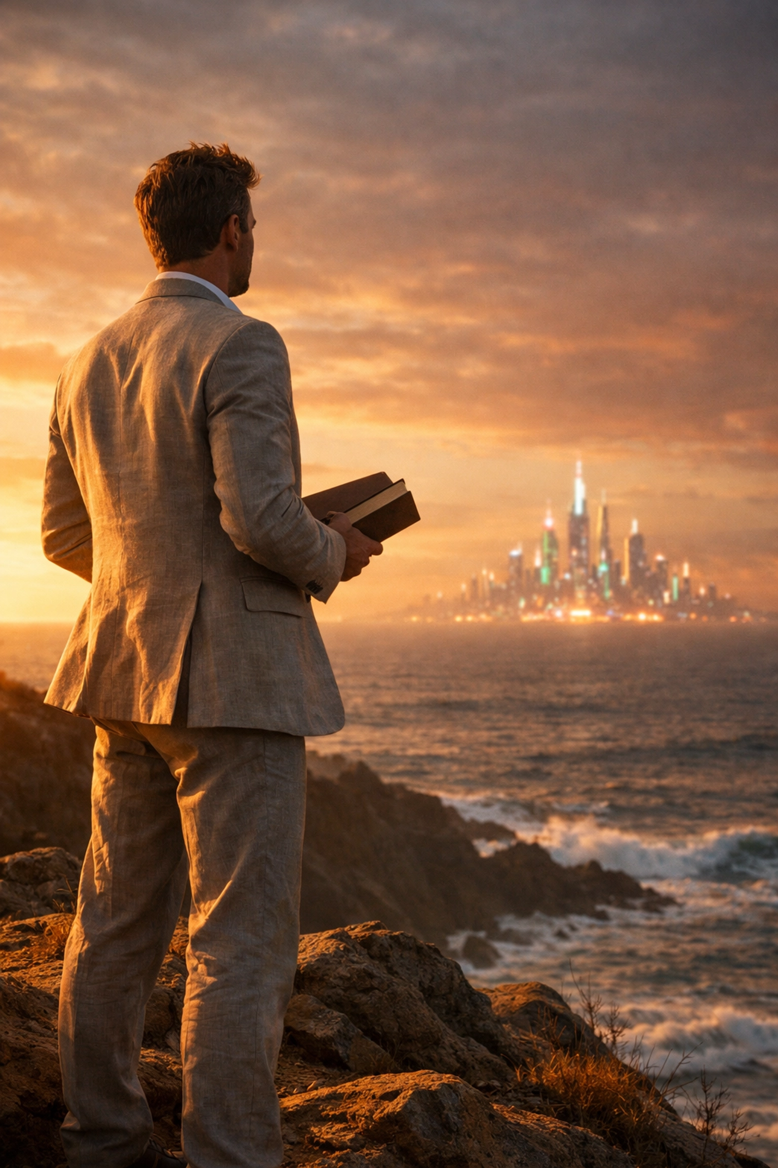 A professional man reading a book at sunset overlooking a futuristic city, symbolizing digital sovereignty.