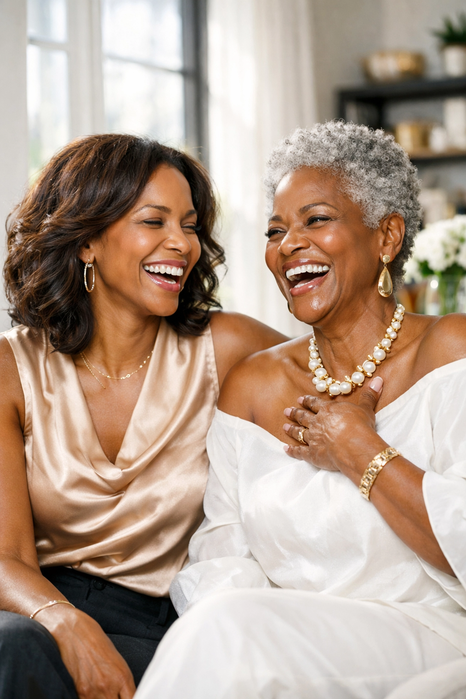 Two generations of African American women with vibrant, resilient skin celebrating pro-aging beauty.