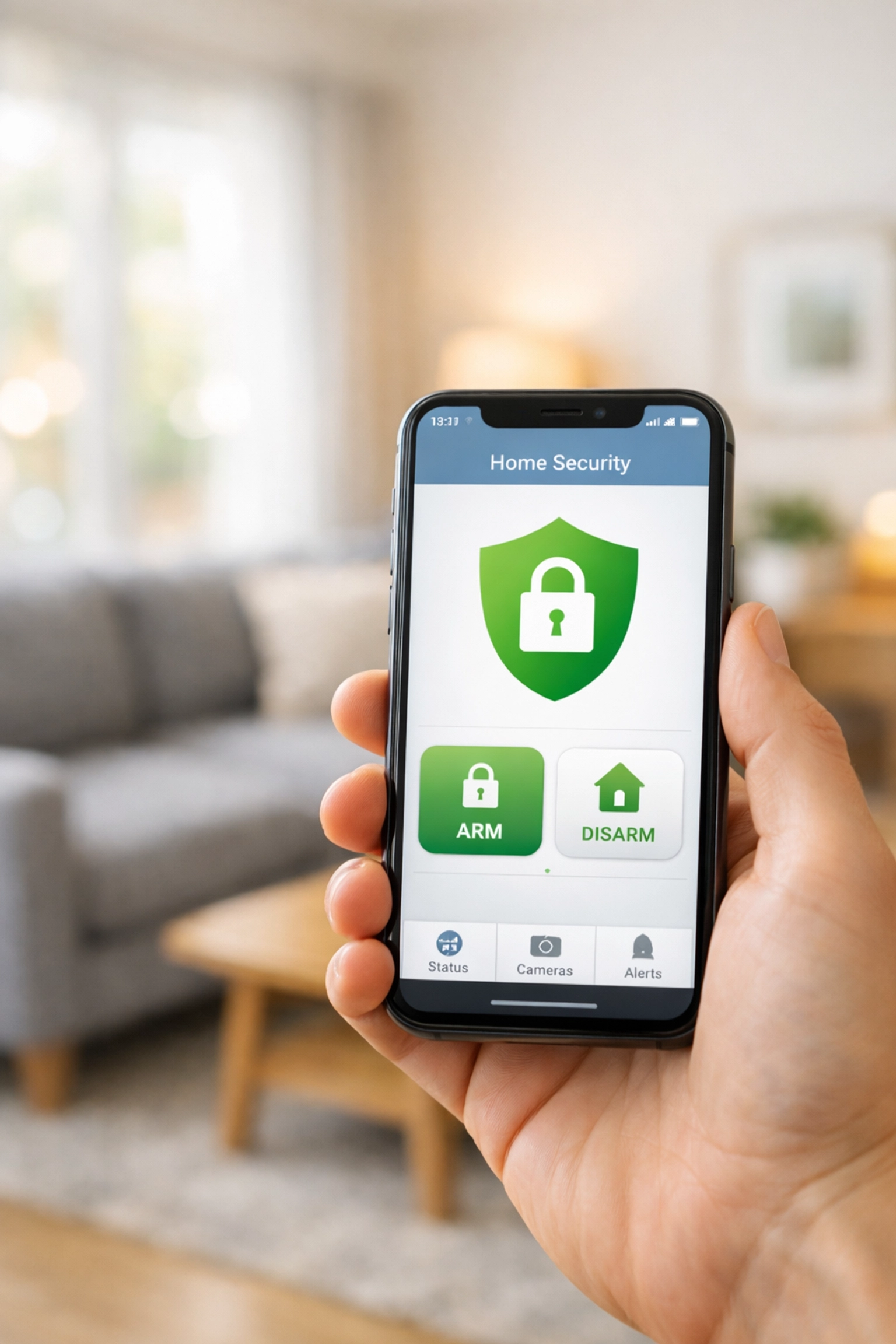 Homeowner using a smartphone app to remotely monitor and control a smart home security system in Worcester.