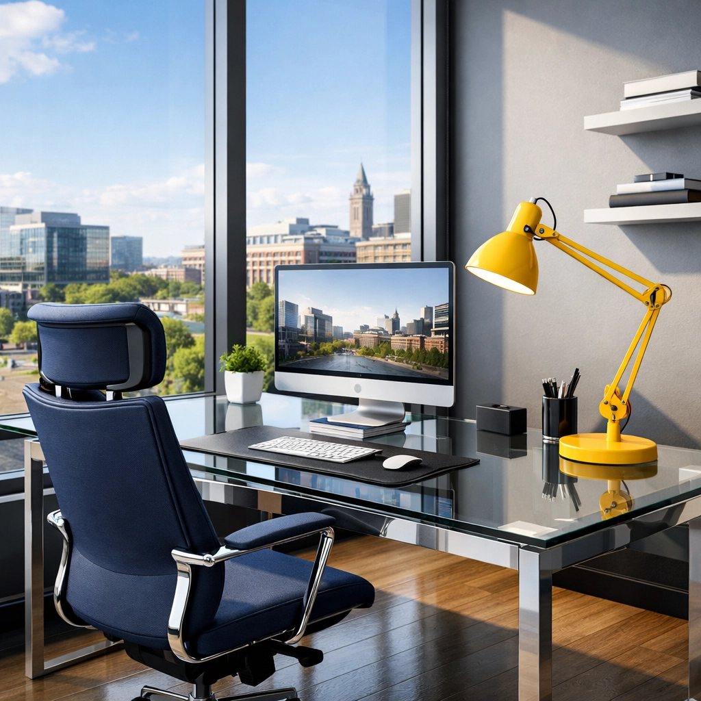 A sanitized home office in a Worcester loft illustrating professional office cleaning Worcester for local professionals.