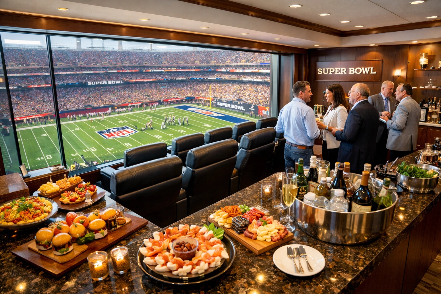 Luxury Super Bowl suite with premium catering and 50-yard line views for corporate hospitality