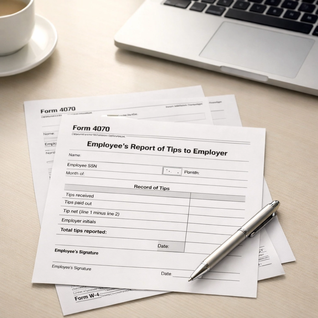 Form 4070 employee tip report documents on desk for no tax on tips deduction documentation