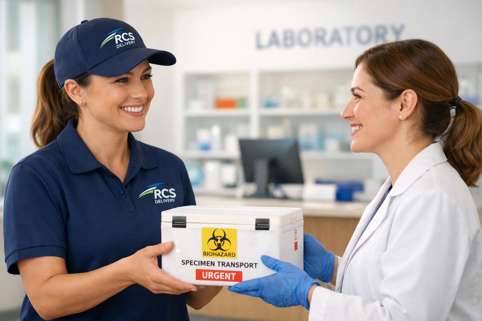 RCS Delivery professional handing a secure package to a lab technician for specialized medical transport.