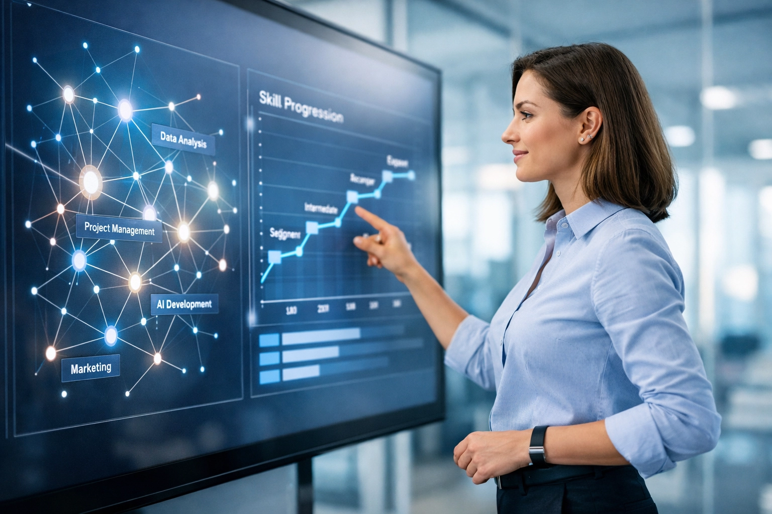 Professional analyzing talent pipeline data on interactive touchscreen display