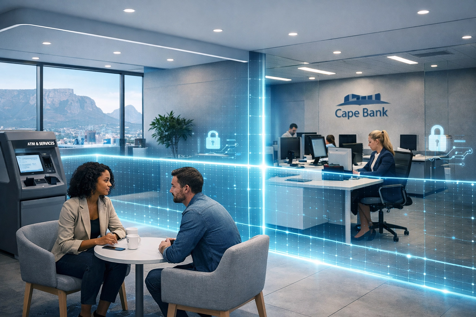 Segregated staff and customer areas in a Cape Town bank showcasing secure WiFi network segmentation.