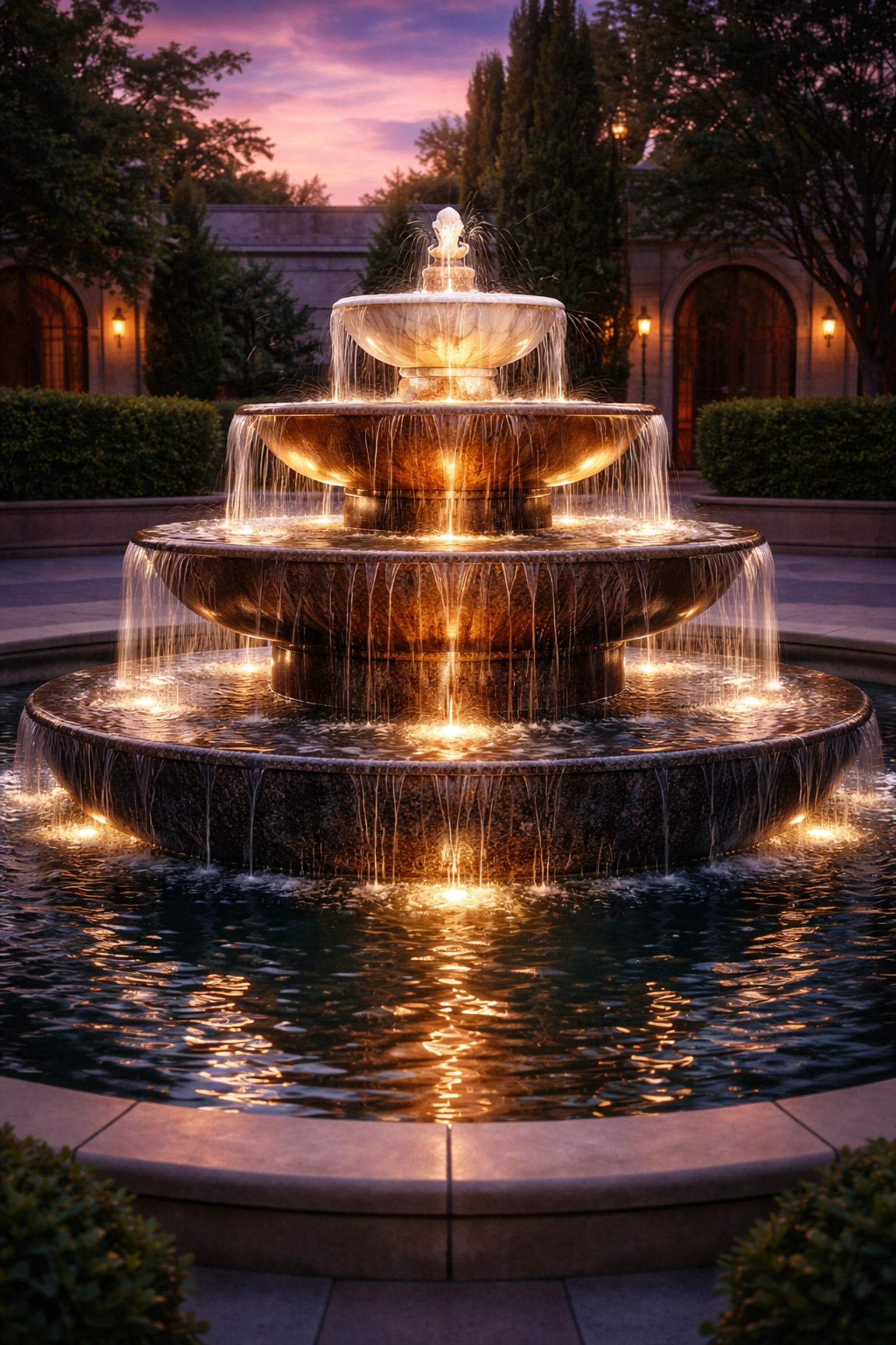 Elegant multi-tier fountain at dusk illustrating layered risk defenses in institutional investment portfolios.