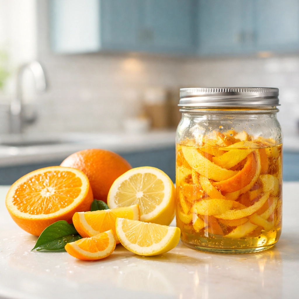 Sliced lemons and oranges next to a jar of citrus peels for DIY vinegar cleaner on a white counter.