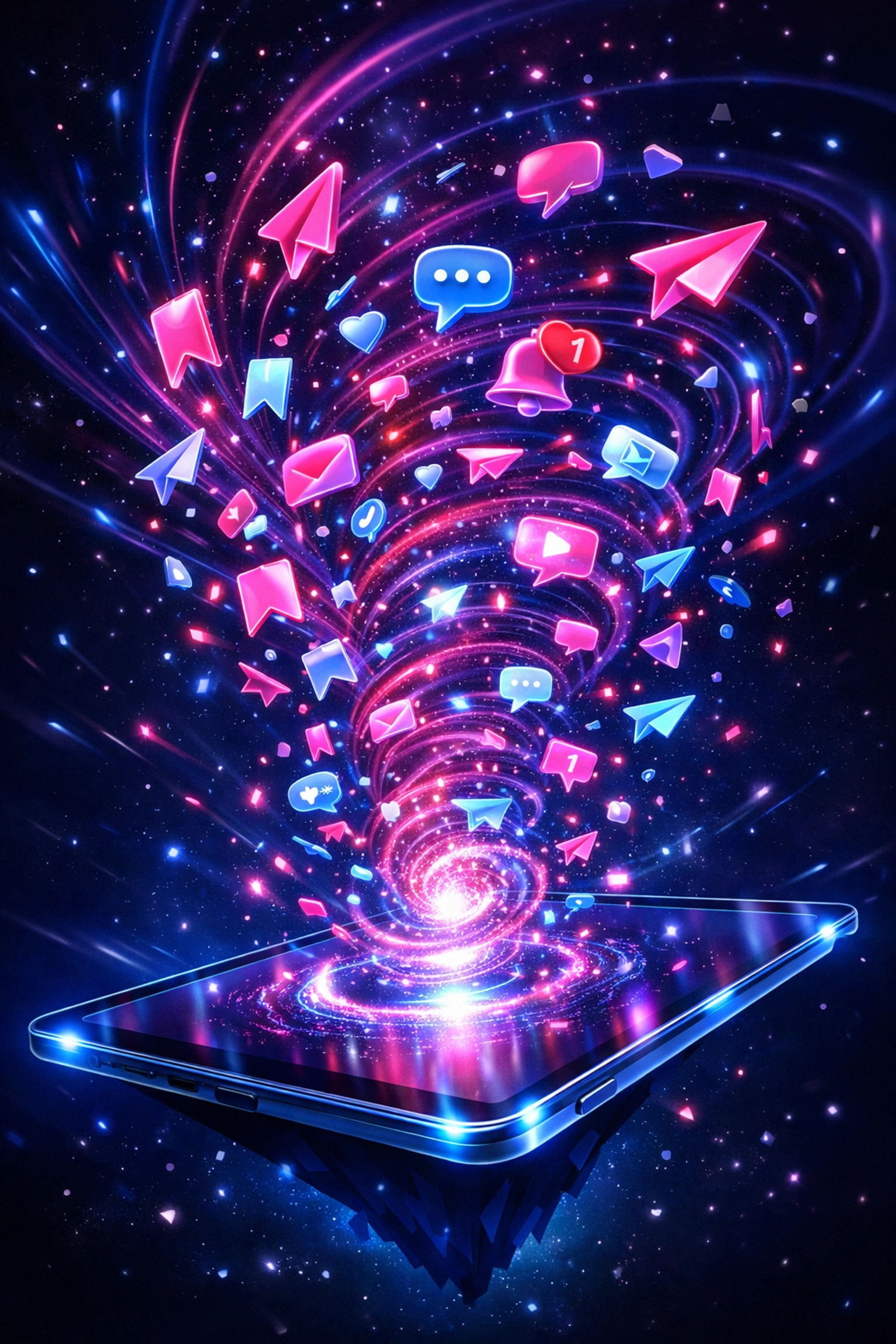 A glowing digital display illustrating social media algorithm mechanics and audience engagement metrics.