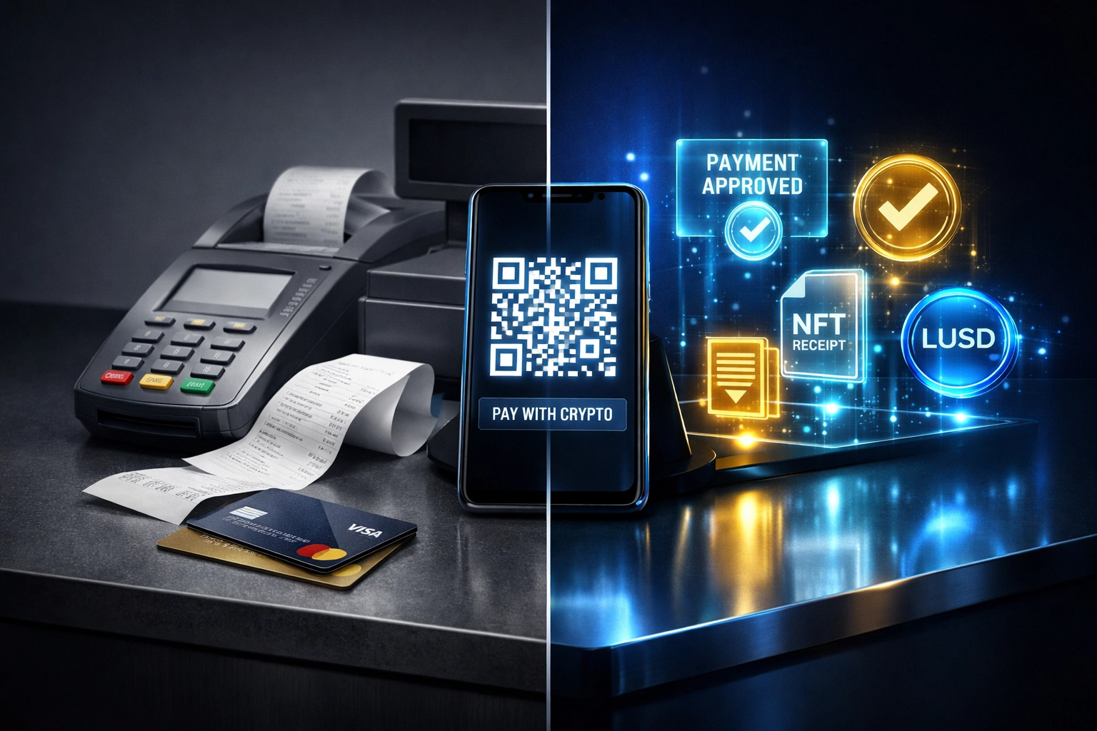 Traditional payment terminal vs modern crypto payment QR code system showing fee reduction benefits