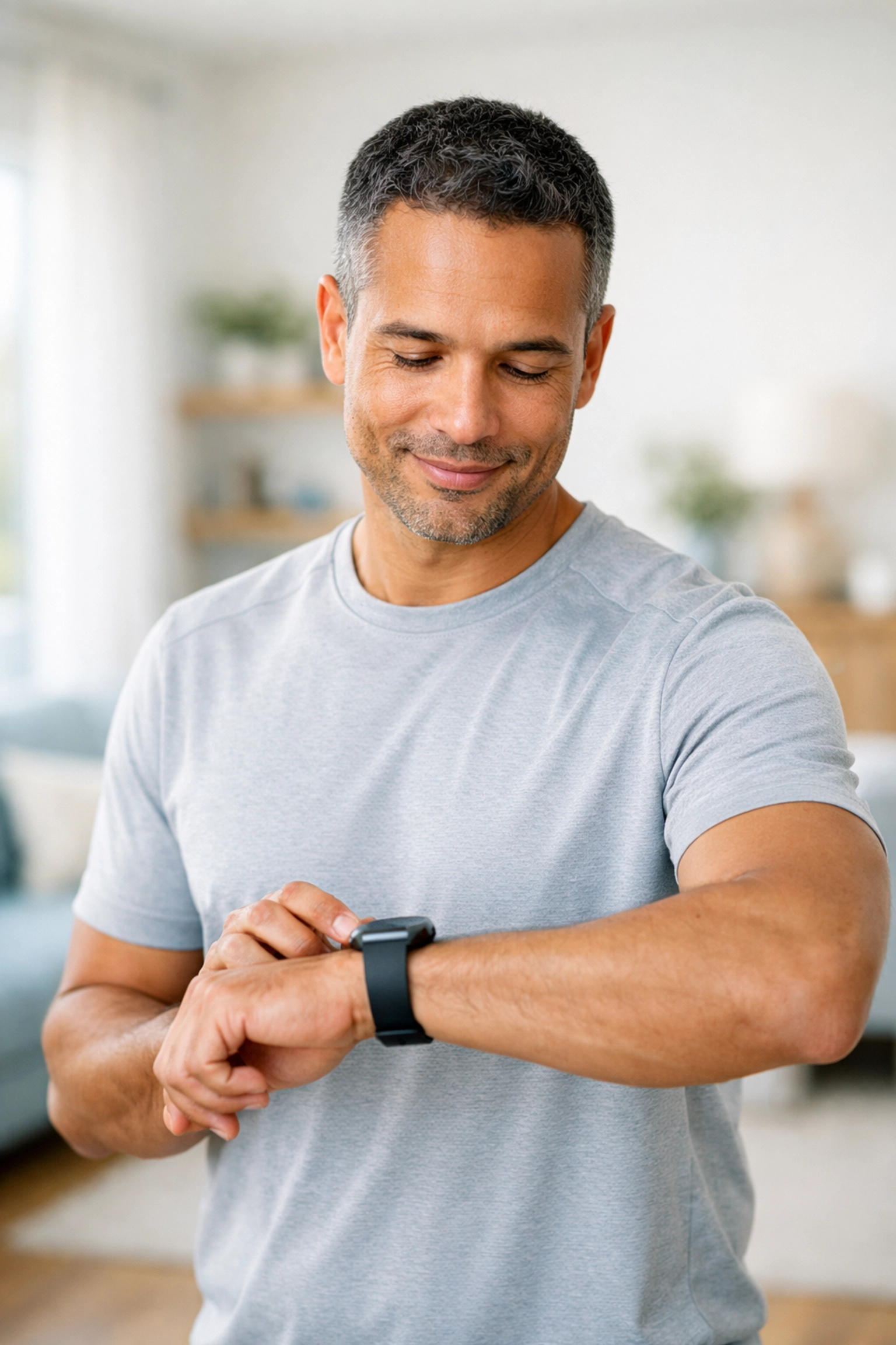 A smiling man tracking his health progress with a smartwatch during a weight management journey.