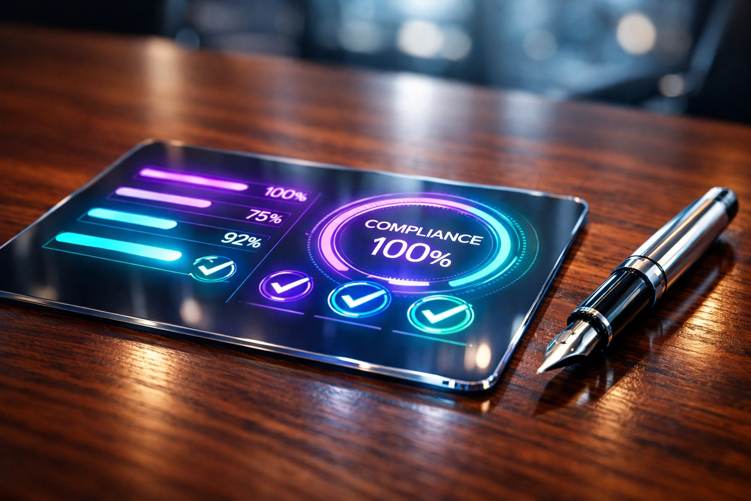 Digitale Checkliste auf einem Tablet zur KI-Compliance und Dokumentation für KMU unter dem EU AI Act.