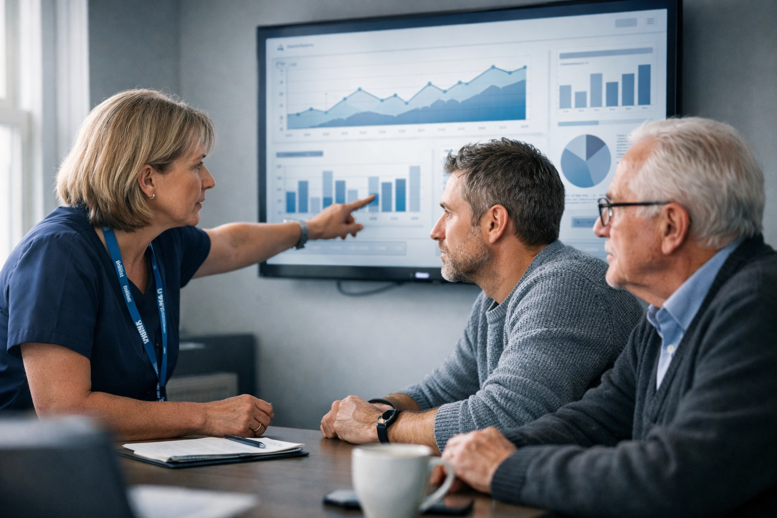 NHS team and patient advocate analyzing respiratory health UK data for effective patient engagement healthcare strategies.