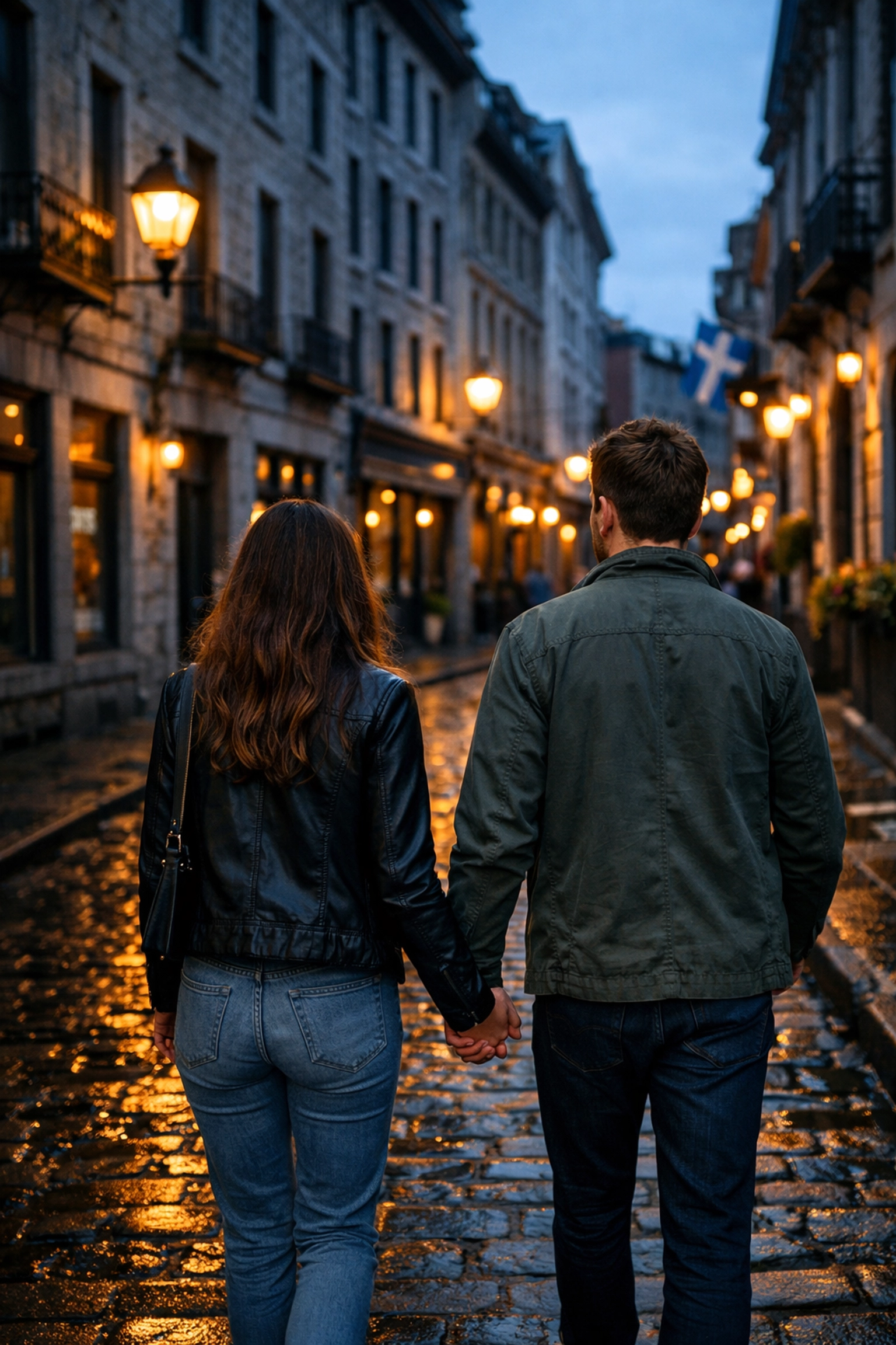 A couple walking hand-in-hand through the historic cobblestone streets of Old Montreal on a romantic date.