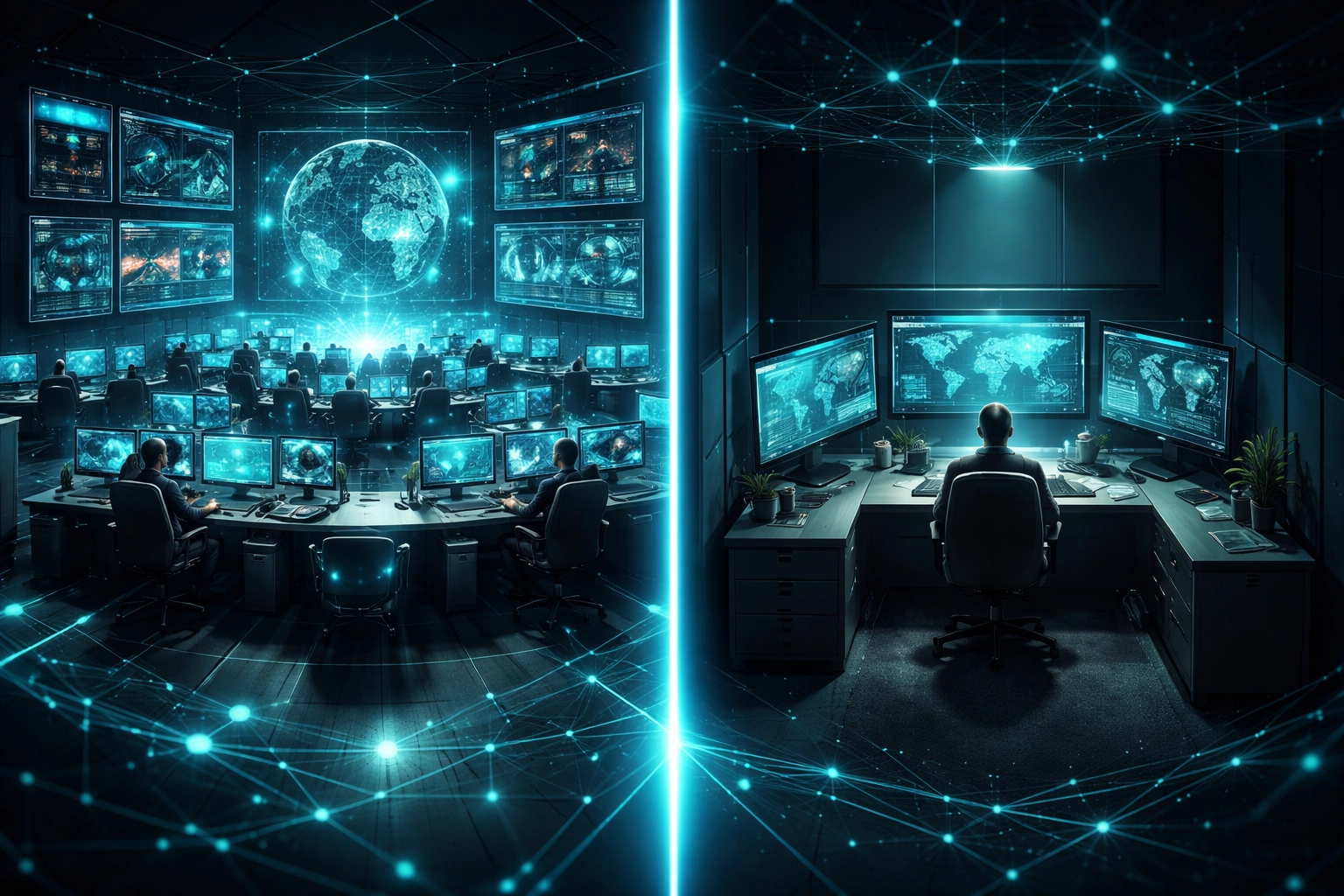 Comparison of two control rooms illustrating managed cybersecurity services versus in-house IT environments