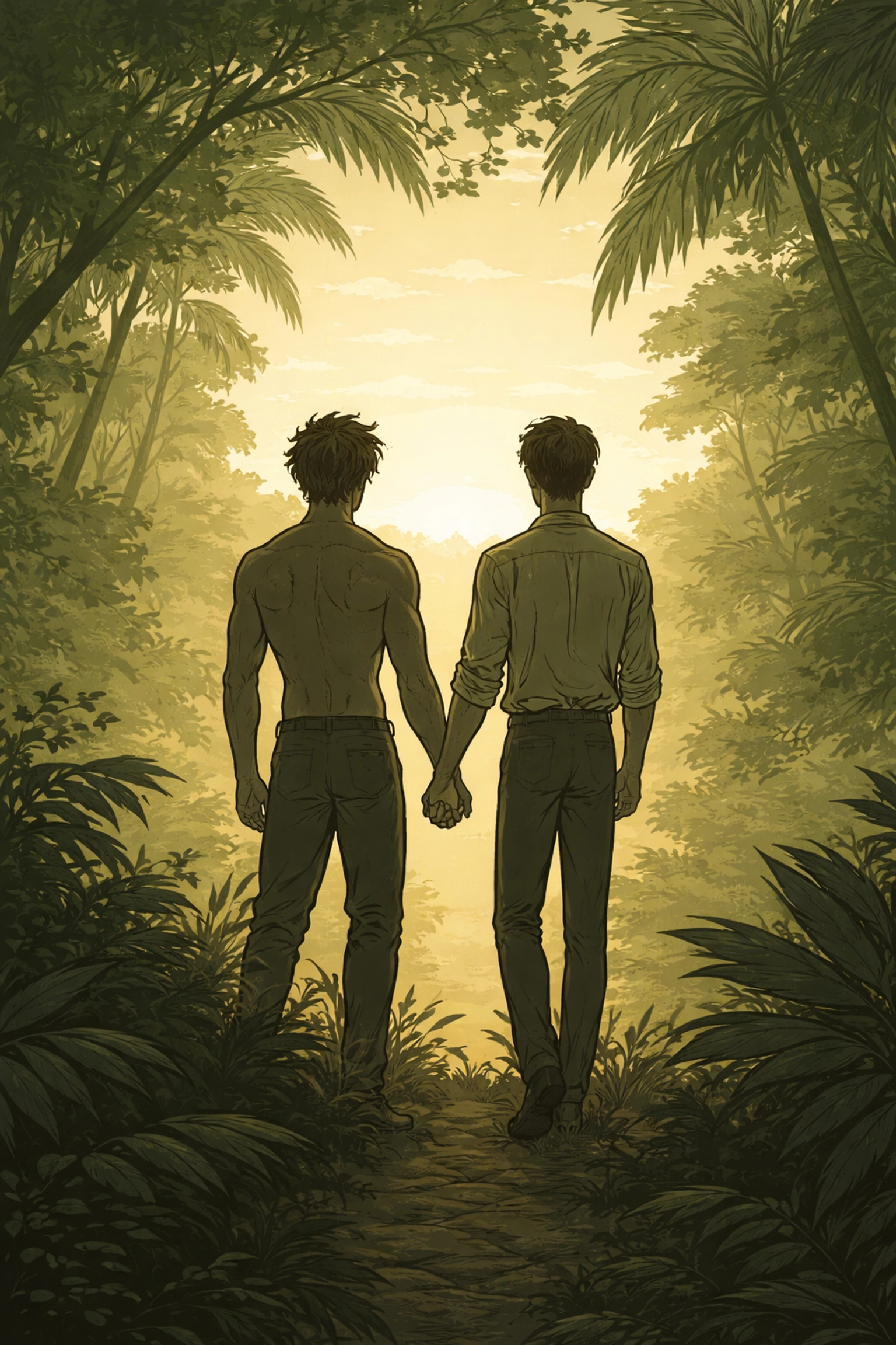 Two men, hand in hand, standing at a jungle clearing under a sunset, representing queer love and belonging